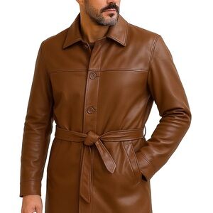 Men’s Genuine Leather Belted Button Coat – Premium Quality Mid Length